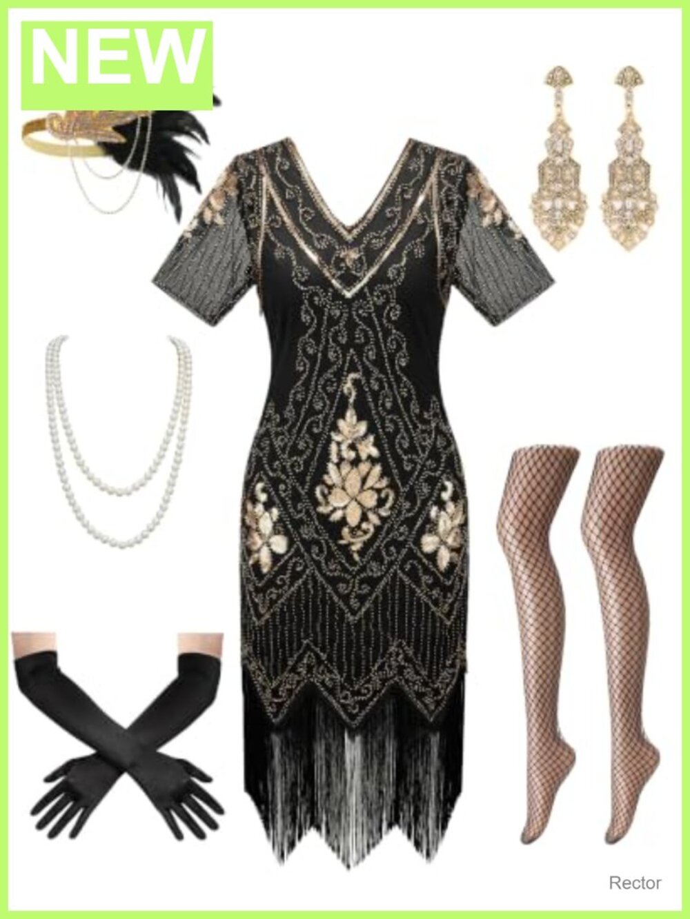 Sequin Fringe Flapper Dress Costume Set with Accessories
